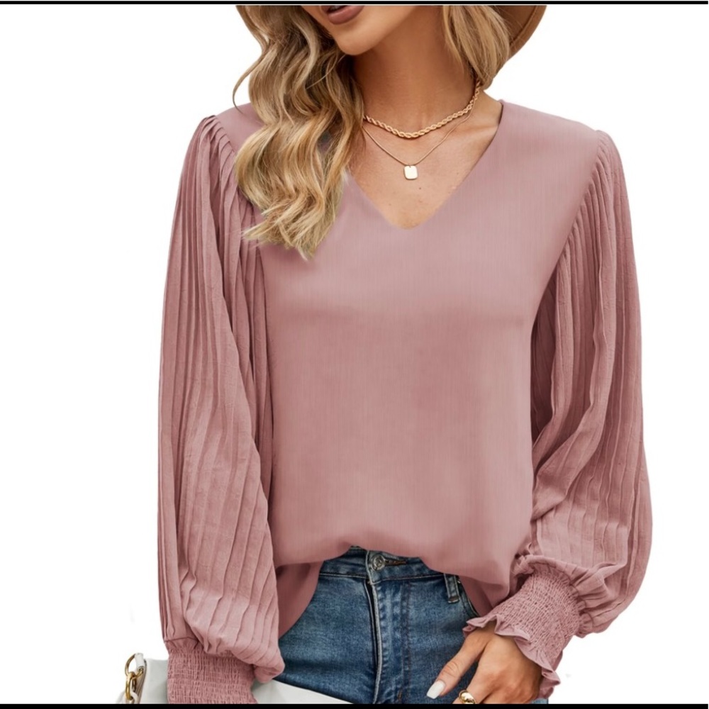 Aifer Women's V-Neck Chiffon Blouse- Pleated Lantern Long Sleeve Tunic